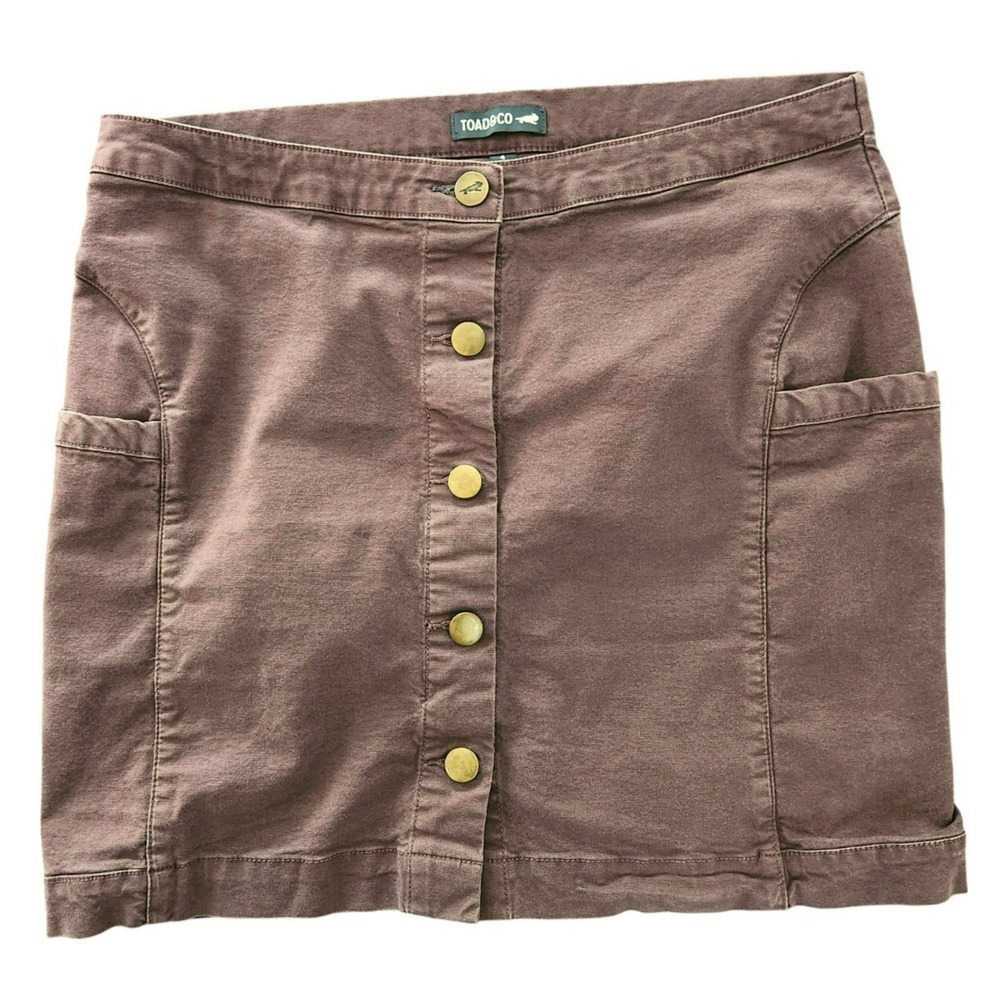 Toad&Co Brown Button Front Mini Skirt Size 4 Stretch Cotton Utility A-Line